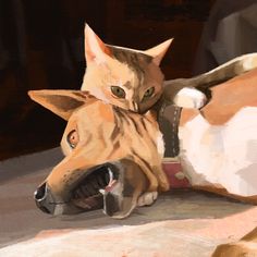 a painting of a dog and cat laying next to each other in front of a wall