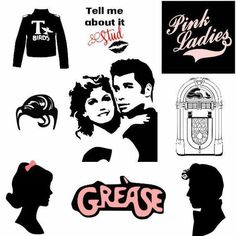 the silhouettes of people are shown in black and white, with pink lettering on them