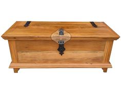 a large wooden chest with black handles