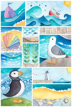 some watercolor paintings with seagulls and boats