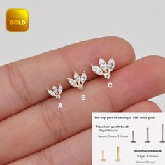 Metal: 14k solid gold, Available Gold color: Yellow gold  Guaranteed Authentic:14k Solid Gold，Not Gold Plated or Gold Filled Stone: CZ Thickness:0.82mm (20G) Stamp:14k ★Every ear is different, the length of backings that most suitable for your ear will depend on your ear thickness ★Titanium is a very safe metal, so we don't plate it, in order to avoid some people are allergic to the plating material. NOTE The item combined by 14k solid gold and implant grade titanium push in back,  packed in a beautiful Jewelry Box   SHIPPING ADDRESS All the orders will ship to the supplied address through your Etsy Order, Please leave your phone number,will give to carrier for safe deliver. We will not send and replacement parcels due to incomplete or inaccurate address.  PACKING ●Can be Gift packed inclu Gold Plated Cartilage Earrings For Wedding, Gold-plated Cartilage Earrings For Wedding, Gold Drop Cartilage Earrings For Weddings, Gold Flower 14k Gold Pierced Earrings, Gold Flower Earrings In 14k Gold, 14k Gold Flower Pierced Earrings, Gold Fine Jewelry Piercings For Wedding, Gold Wedding Piercings Fine Jewelry, Gold Wedding Piercings In Fine Jewelry Style