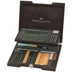 the faber castel box contains many different colored pencils