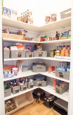 an organized pantry with baskets and food items