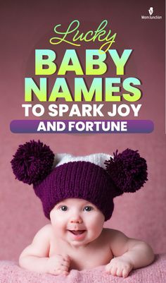 a baby wearing a knitted hat with the words lucky baby names to spark joy and fortune