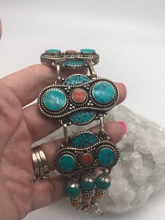 Coral and Turquoise Inlay Bracelet. This is ground turquoise and coral Silver plated. Turquoise Bracelet For Festivals, Turquoise Bracelet For Festival, Turquoise Bracelet, Silver Plate, Coral, Plating, Beaded Bracelets, Turquoise, Silver