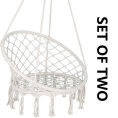 a white hammock hanging from a rope with the words set of two above it