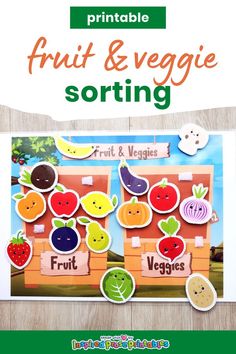 the printable fruit and veggie sorting game is shown on a wooden table