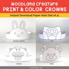 woodland animal paper hats for kids to color and cut out with the printable instructions