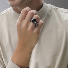 In Carbonite Ring men's ring, made with black rhodium, and a black onyx gemstone center. Modern Black Enamel Signet Ring, Mens Black Ring, Classic Star Wars, Han Solo, Onyx Gemstone, Ring Black, Black Rhodium, Men's Ring, Online Jewelry Store