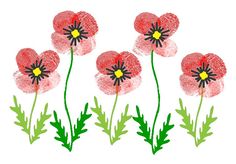 three red flowers with green stems on a white background