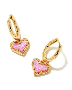 Buy Ari Heart Gold Huggie Earrings in Bubblegum Pink Kyocera Opal at KendraScott. | Pink Jewelry Preppy Christmas Gifts, Gold Huggie Earrings, Preppy Christmas, Pink Jewelry, Huggie Earrings, Bubblegum Pink, Pink Pink, Huggies Earrings, Kendra Scott