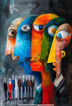 an abstract painting with multiple faces and people standing in front of each other on a black background