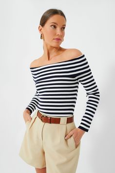 Navy Stripe Off The Shoulder Reese Top Navy Stripe Top Outfit, Sailor Pants Outfit, St Tropez Style, Striped Top Outfit, Off The Shoulder Top Outfit, Striped Off Shoulder Top