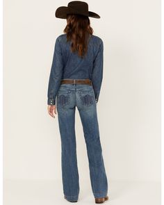 Fitted Medium Wash Pants With Button Closure, Mid-rise Pants With Button Closure, Workwear Flare Jeans With Hip Pockets, Medium Wash Pants With Button Zip Fly For Work, Denim Blue Flare Jeans For Work, Mid-rise Cotton Flare Jeans With Button Closure, Mid-rise Flare Jeans With Belt Loops, Modern Cowgirl, Get Directions