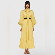 Nwt Leo Lin's Claudia Tie Neck Midi Dress In Lemon Features Premium Silk Linen With A High Collared Neckline, Bow Tie, Balloon Sleeves With Button Cuff And Voluminous Skirt With Ruffle Hem. Message For Discount Size Us4 Size Au8 New With Tags Smoke Free Home B062 Luxury Belted Midi-length Dresses, Luxury Yellow Silk Dresses, Luxury Long-sleeved Pleated Dress, Luxury Maxi Dress For Spring Workwear, Luxury Maxi Dress For Workwear In Spring, Yellow Pleated Dress For Daywear, Yellow Silk Dress For Daywear, Elegant Yellow Belted Dress, Yellow Silk Long Sleeve Dress