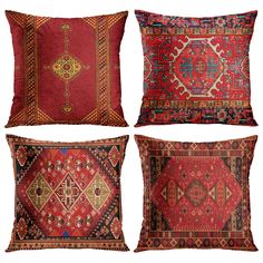 four pillows with different designs on them, one is red and the other has gold