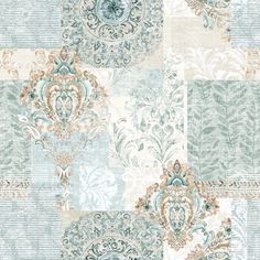 a blue and beige patchwork wallpaper pattern