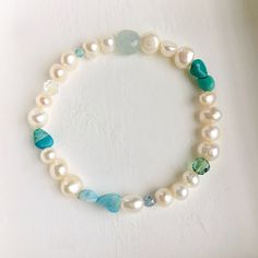 Baroque Pearl Bracelet With Aqua Blue Gemstones and Glass - Etsy Cultured Pearl Bracelet, Adjustable Knot, Gold Bond, Baroque Pearl Necklace, Pompano Beach, Beach Vibes, Blue Gemstones, Baroque Pearls, Blue Crystals