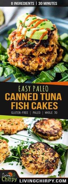 easy paleo canned tuna fish cakes with spinach and avocado on top