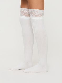 Knee high socks with lace cuff  90% cotton 10% polyester  Cold hand wash   For hygiene reasons, this item cannot be returned Socks With Lace, White Knee High Socks, Thigh High Sock, Thigh Socks, Lace Cuffs, High Design, Fleece Dress, Thigh High Socks, Outerwear Outfit