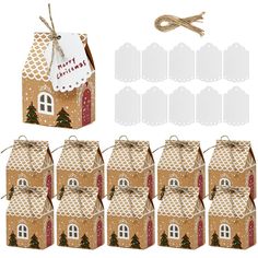 small gingerbread house gift boxes with tags and twine, set of 12 for christmas