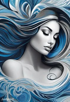 a woman's face with blue and white swirls on her hair, as if she was floating in the air