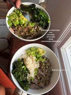 two bowls filled with meat, broccoli and rice