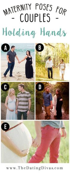 the pregnant couple poses for holding hands with their baby bump bump, and text overlay reads