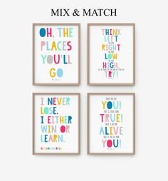 four framed art prints with different phrases on the same wall, each in different colors