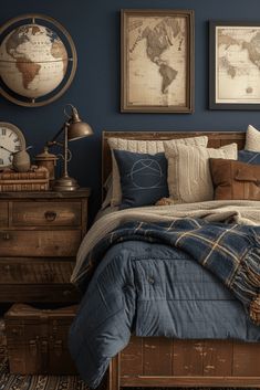 a bed room with a neatly made bed and two pictures on the wall above it