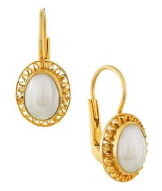 This elegant Victorian design could be found in countless parlors, where eating, drinking and clever conversation formed the heart of the Victorian home. Baroque pearls in open-work setting of 24k gold over sterling silver. European lever-backs for pierced ears. Size: 1 1/8 inches. Elegant Cabochon Pearl Drop Earrings, Oval Pearl Earrings Gift, Gold Pearl Lever Back Earrings For Formal Events, Classic Gold Cabochon Earrings, Gold Filigree Pearl Earrings For Formal Occasions, Gold Pearl Earrings With Filigree For Formal Occasions, Formal Gold Pearl Earrings Cabochon, Traditional Values, Victorian England