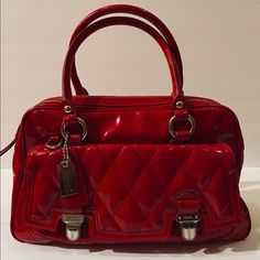 Red Quilted Patent Leather Coach Handbag And Matching Patent Red Leather Shoulder Strap With Silver Hardware. Matching Red Patent Leather And Silver Coach Tags. Dark Blush Sateen Interior W/ Large Single Zippered Pocket And Two Pouches. Zero Interior Blemishes, Stains Or Tears. Never Used. Excellent Condition. Zero Hardware Scratches. Minimal Blemishes (As Seen In Pictures) From Two Moves. Smoke Free Home. Items Normally Ship Same Day Or Next Business Day. Excluding Weekends And Holidays. Red Coach Satchel With Top Carry Handle, Red Coach Shoulder Bag For Office, Red Rectangular Satchel With Silver-tone Hardware, Red Leather Satchel With Branded Hardware, Red Coach Shoulder Bag With Branded Hardware, Coach Red Shoulder Bag With Branded Hardware, Red Leather Satchel With Silver-tone Hardware, Dark Blush, Red Quilts