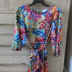 Nwt Bright Colors Floral Patterned Dress With Long Sleeves Size Medium Never Worn! Multicolor Tropical Print Dress For Brunch, Vibrant Blue Spring Dresses, Multicolor Midi Dress With Tropical Print, Multicolor Tropical Print Midi Dress, Pink Maxi Dress With Colorful Pattern, Vibrant Blue Tropical Print Dress, Blue Spring Dress With Colorful Pattern, Blue Colorful Pattern Spring Dress, Blue Dress With Colorful Pattern For Spring