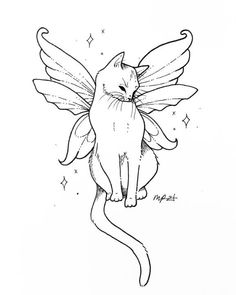 a black and white drawing of a cat with wings