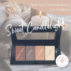 Gold shimmer is definitely "in" this fall. Create a trendy shimmery eye look or simply amp up your makeup for an evening out...or a romantic evening in! "Sweet Candlelight" Golden Mauve Granite Candlelight Crystalline Powered by Mary Kay Chromafusion® Matrix Technology, every smooth and even stroke of this supreme shadow boasts true, high-impact color payoff with extreme adherence. Blendable and buildable, colors seamlessly transition for perfectly put-together looks. And messy fallout’s a ... Beauty Consultant, Mary Kay Makeup, Eye Look, Romantic Evening, Gold Shimmer, Mary Kay