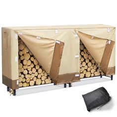 an outdoor firewood storage unit with logs and tarps on the sides, in front of a white background