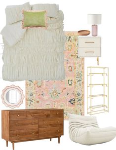 a collage of furniture and decor including a bed, dresser, mirror, rugs