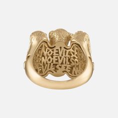 This Eden Presley Wise Monkeys Ring's original design is new to our Flora & Fauna collection, which features a variety of whimsical animals and flowers. This statement ring is beautiful and heavy and features a gallery inside that says, "Hear no evil, Speak no evil, See no evil." Materials: 14k white, yellow, or rose gold White diamonds in the monkey eyes: .05 cts. Measures: approximately half an inch tall and 1 inch wide. Handmade in New York City, USA Monkey Jewelry, Animals And Flowers, Whimsical Animals, Hear No Evil, Wise Monkeys, Speak No Evil, See No Evil, No Evil, Flora Fauna