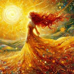 a painting of a woman with long red hair in a flowing dress looking up at the sun