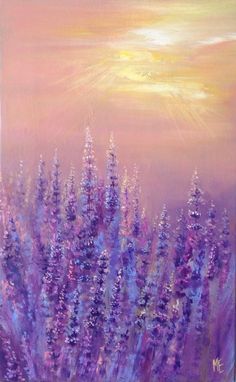 a painting of purple flowers with the sun in the background