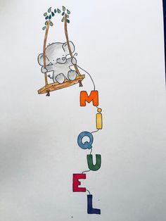 a child's drawing of a koala on a swing with the word jungle spelled out