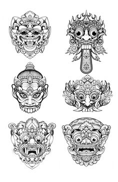 four masks drawn in black and white with different designs on the front, side, and back