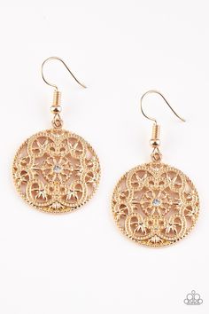 Regal gold filigree climbs a gold hoop, creating a frilly frame. A dainty white rhinestone dots the center for a whimsical finish. Earring attaches to a standard fishhook fitting. Sold as one pair of earrings. Rose Gold Frame, Gold Box, Beaded Wraps, Jewelry Images, Teardrop Beads, Paparazzi Accessories, Blue Gems, White Rhinestone, Gold Filigree