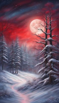 a painting of snow covered trees and a red sky with the moon in the distance