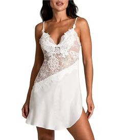 In Bloom by Jonquil Satin Scallop Lace Trim V-Neck Sleeveless Tie Back Chemise | Dillard's Lace V-neck Camisole, Lace Bodice Camisole, White Lace Contrast Camisole, White Contrast Lace Camisole, Elegant Sleeveless Camisole With Contrast Lace, White Contrast Lace Cami Camisole, White Camisole With Contrast Lace, Coquette Sleeveless Satin Camisole, Satin Sleeveless Coquette Camisole