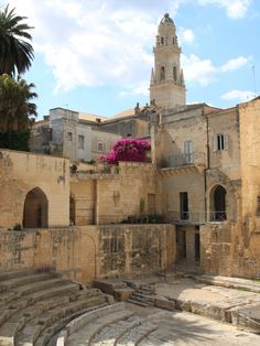 an old building with some steps in front of it and a pink flower on the balcony