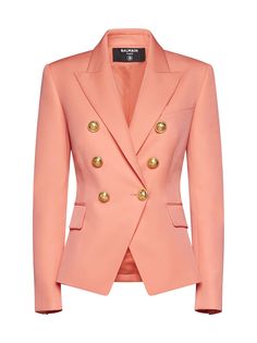 100% wool | Balmain Women's Double Breast Blazer Jacket With Logo Buttons in Saumon | FW23/24 Pink Wool Jacket, Balmain Jacket, Balmain Blazer, Design Clothes, Tailored Blazer, Double Breasted Jacket, Double Breasted Blazer, Jacket Design, Blazer Buttons