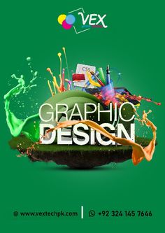 an advertisement for graphic design with paint and ink on the bottom, and green background