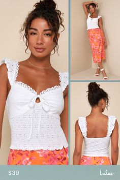 All your most adorable looks this season are definitely going to include the Lulus Perfect Sweetness White Eyelet Ruffled Keyhole Smocked Top! Stretchy knit fabric, with dainty pierced eyelet embroidery throughout, shapes flirty ruffled straps, a cute V-neckline (adorned with additional ruffle trim), and lightly gathered cups with a functional, drawstring tie-front detail that creates a keyhole cutout at the center. An empire-style waist tops the smocked bodice, ending at a slightly cropped hem. Lil Top, Light Blue Crop Top, Wineries Outfit, Eyelet Embroidery, Striped Bodysuit, Smocked Top, Blue Crop Tops, Striped Long Sleeve Shirt, Loose Fitting Tops