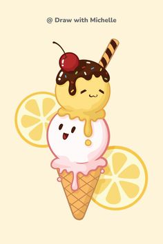 an ice cream sundae with two lemon slices and a cherry on top, sitting in front of a pink background